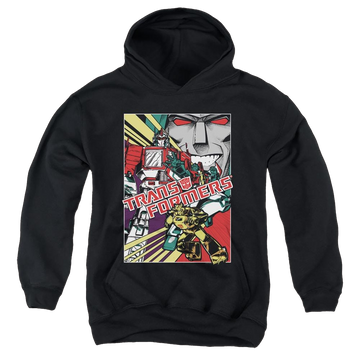 Black youth hoodie for ages 8 to 12 with Transformers Comic Poster graphic