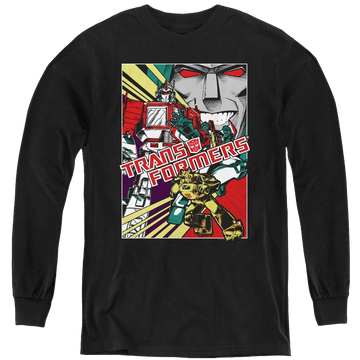 Black youth long sleeve t-shirt with Transformers Comic Poster graphic
