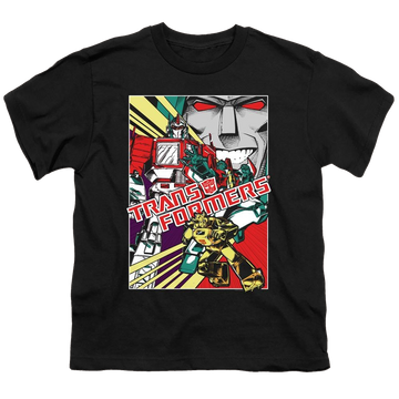 Black youth t-shirt for ages 8 to 12 with Transformers Comic Poster graphic