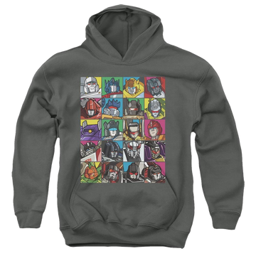 Charcoal youth hoodie for ages 8 to 12 with Transformers Transformer Squares graphic