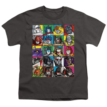 Charcoal youth t-shirt for ages 8 to 12 with Transformers Transformer Squares graphic