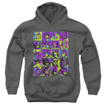 Charcoal youth hoodie for ages 8 to 12 with Transformers Transformer Squares graphic