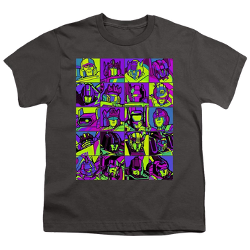 Charcoal youth t-shirt for ages 8 to 12 with Transformers Transformer Squares graphic