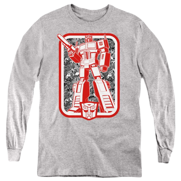Athletic heather youth long sleeve t-shirt with Transformers Autobot graphic