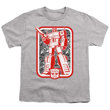 Athletic heather youth t-shirt for ages 8 to 12 with Transformers Autobot graphic