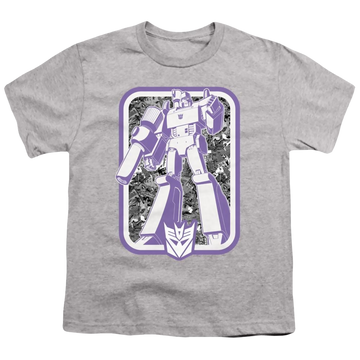 Athletic heather youth t-shirt for ages 8 to 12 with Transformers Decepticon graphic