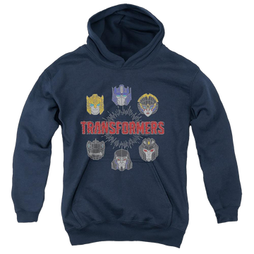 Navy youth hoodie for ages 8 to 12 with Transformers Robo Halo graphic