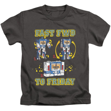 Charcoal kid's t-shirt for ages 4 to 7 with Transformers Forward Friday graphic