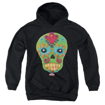 Black youth hoodie for ages 8 to 12 with Play-doh Sugar Skull graphic