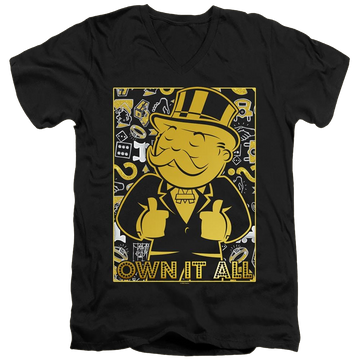 Black men's v-neck t-shirt with Monopoly Own It All graphic
