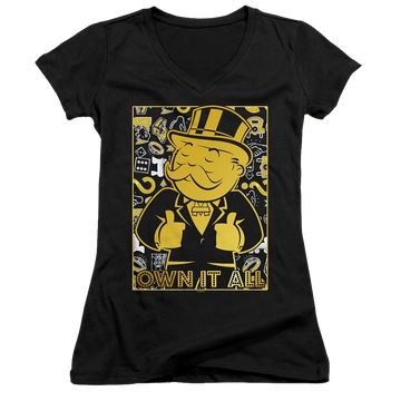 Black juniors v-neck t-shirt with Monopoly Own It All graphic