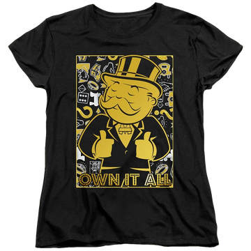 Black women's t-shirt with Monopoly Own It All graphic