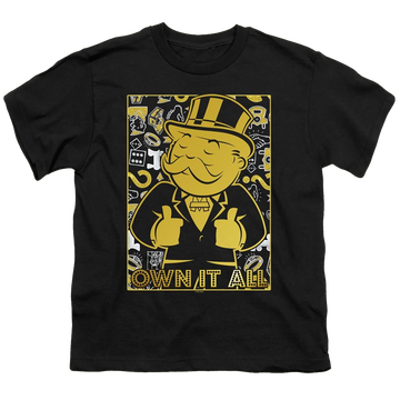 Black youth t-shirt for ages 8 to 12 with Monopoly Own It All graphic