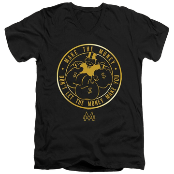 Black men's v-neck t-shirt with Monopoly Make The Money graphic