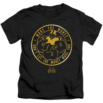 Black kid's t-shirt for ages 4 to 7 with Monopoly Make The Money graphic