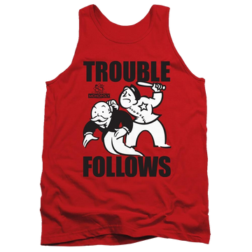 Red men's tank with Monopoly Trouble Follows graphic