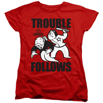 Red women's t-shirt with Monopoly Trouble Follows graphic