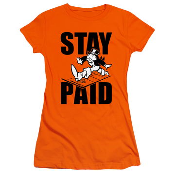 Orange juniors t-shirt with Monopoly Hasbro Stay Paid Evergreen graphic