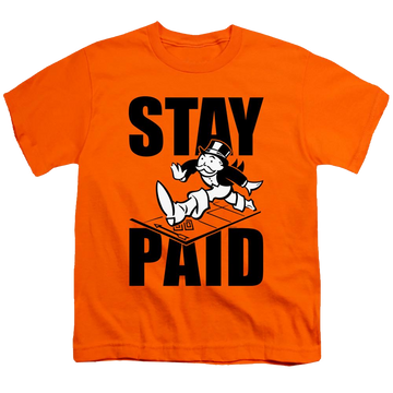 Orange youth t-shirt for ages 8 to 12 with Monopoly Stay Paid Evergreen graphic