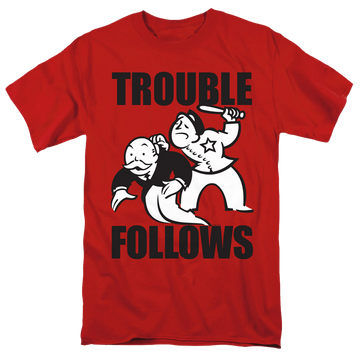 Red men's regular fit t-shirt with Monopoly Hasbro Trouble Follows Evergreen graphic