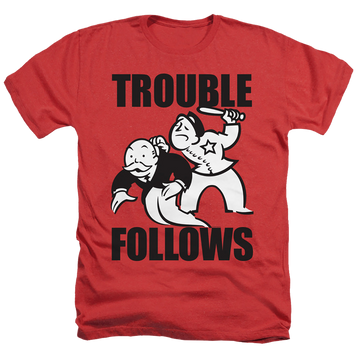 Red men's heather t-shirt with Monopoly Hasbro Trouble Follows Evergreen graphic