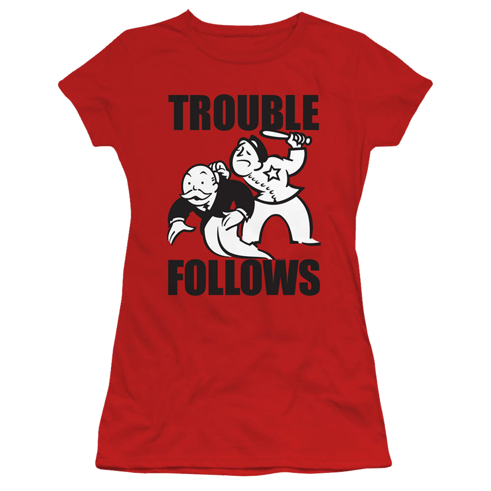 Hasbro Trouble Follows Evergreen - Juniors T-Shirt Juniors T-Shirt Monopoly