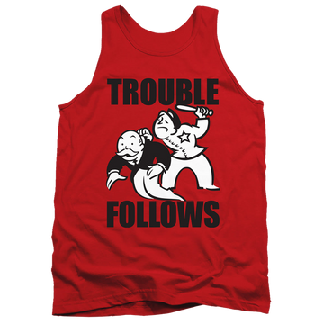 Red men's tank with Monopoly Hasbro Trouble Follows Evergreen graphic