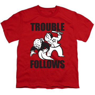 Red youth t-shirt for ages 8 to 12 with Monopoly Hasbro Trouble Follows Evergreen graphic