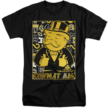 Black men's tall fit t-shirt with Monopoly Own It All graphic