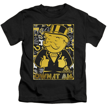 Black kid's t-shirt for ages 4 to 7 with Monopoly Own It All graphic
