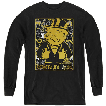 Black youth long sleeve t-shirt with Monopoly Own It All graphic