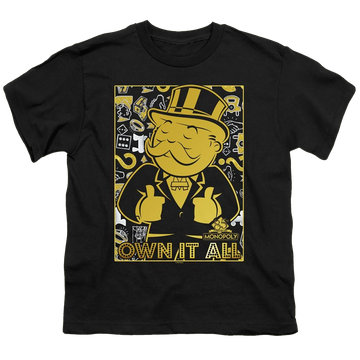 Black youth t-shirt for ages 8 to 12 with Monopoly Own It All graphic