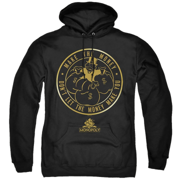 Black pullover hoodie with Monopoly Make The Money graphic