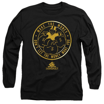 Black men's long sleeve t-shirt with Monopoly Make The Money graphic