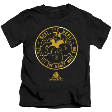 Black kid's t-shirt for ages 4 to 7 with Monopoly Make The Money graphic