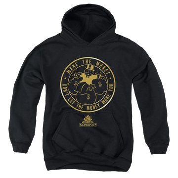 Black youth hoodie for ages 8 to 12 with Monopoly Make The Money graphic
