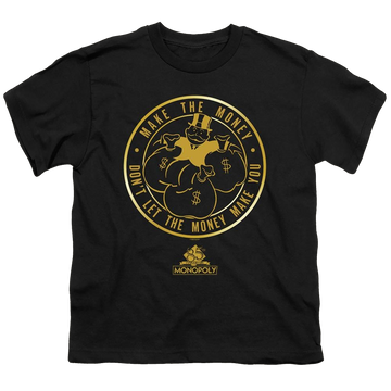 Black youth t-shirt for ages 8 to 12 with Monopoly Make The Money graphic