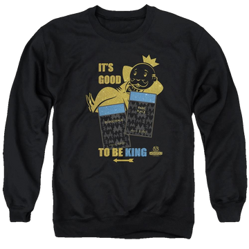 Black men's crewneck sweatshirt with Monopoly Its Good To Be King graphic