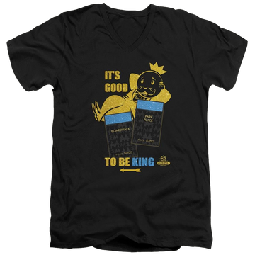 Black men's v-neck t-shirt with Monopoly Its Good To Be King graphic