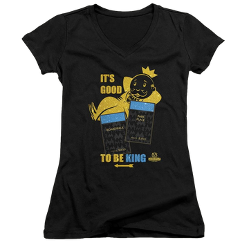 Black juniors v-neck t-shirt with Monopoly Its Good To Be King graphic