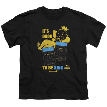 Black youth t-shirt for ages 8 to 12 with Monopoly It's Good To Be King graphic