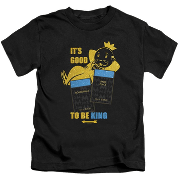 Black kid's t-shirt for ages 4 to 7 with Monopoly Its Good To Be King No Logo graphic
