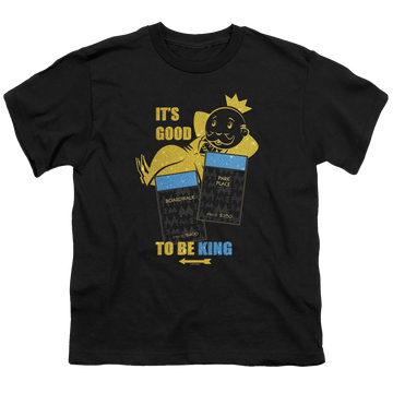 Black youth t-shirt for ages 8 to 12 with Monopoly Its Good To Be King No Logo graphic