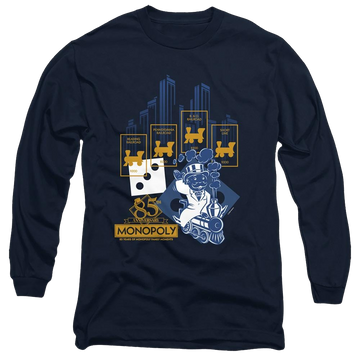 Navy men's long sleeve t-shirt with Monopoly The True Railroad Tycoon graphic