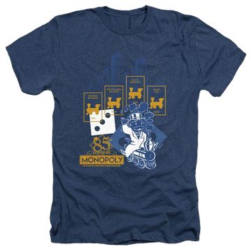 Navy men's heather t-shirt with Monopoly The True Railroad Tycoon graphic