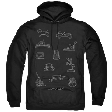 Black pullover hoodie with Monopoly Token graphic