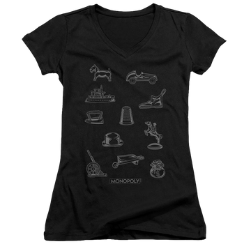 Black juniors v-neck t-shirt with Monopoly Token graphic