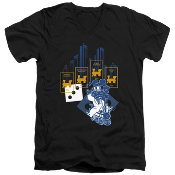 Black men's v-neck t-shirt with Monopoly The True Railroad Tycoon No Logo graphic