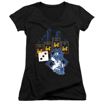 Black juniors v-neck t-shirt with Monopoly The True Railroad Tycoon No Logo graphic