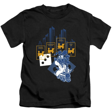 Black kid's t-shirt for ages 4 to 7 with Monopoly The True Railroad Tycoon No Logo graphic
